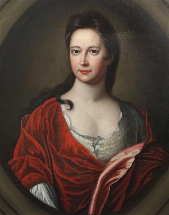 Manner of Sir Godfrey Kneller Portrait of a lady wearing a red dress 29.5 x 24.5in.